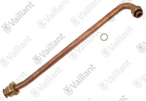 Kupferrohr mit gebogenem Ende und einem Gewindeanschluss, mit einer Dichtung, hergestellt von Vaillant. Ideal für Heizungsinstallationen.